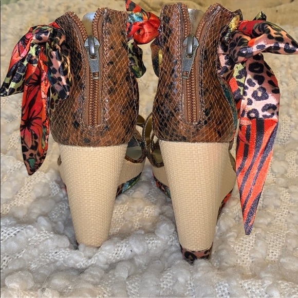 NWT Carlos Falchi Cruz Wedge Sandals 9.5 Multi Animal Print Ribbon Raffia Heel - Picture 7 of 10
